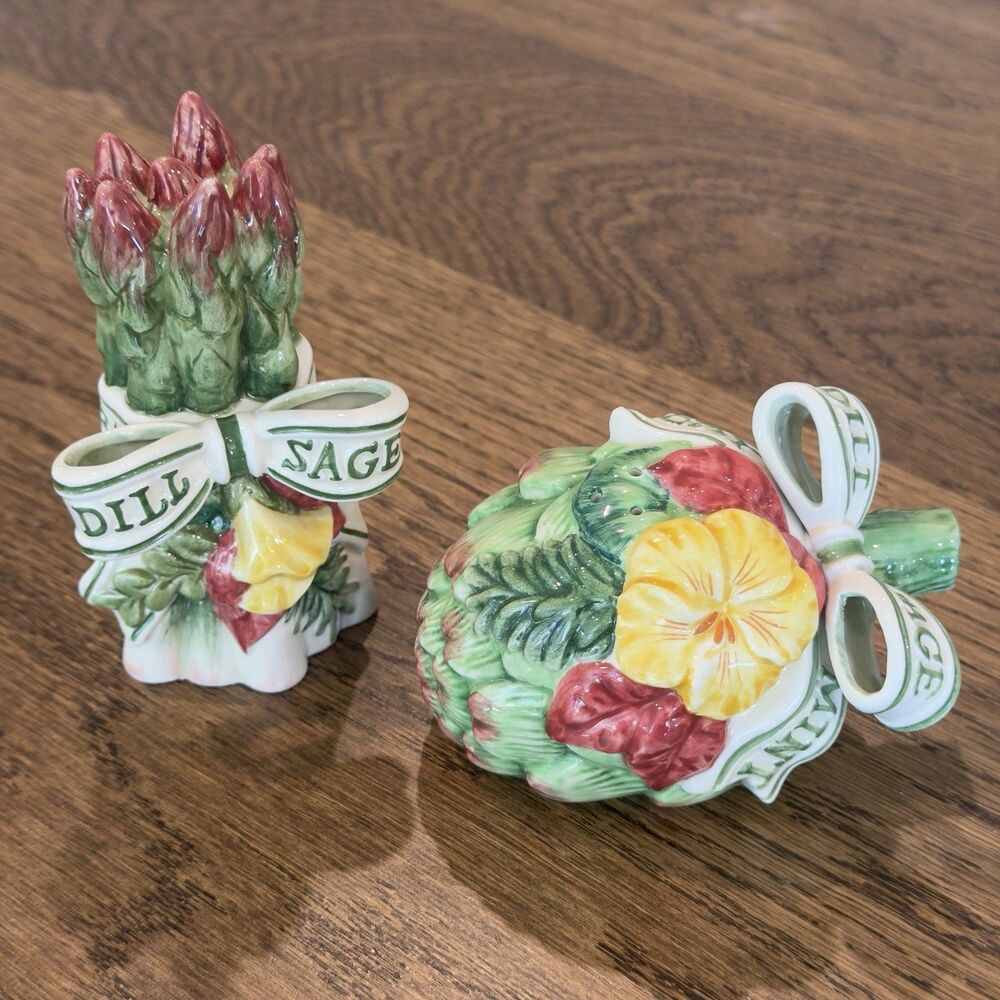 Fitz and Floyd Herb Garden Asparagus Artichoke Salt Pepper Shaker Set Vintage